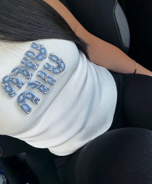 TOP MIU MIU BLANC AVEC LOGO JEAN